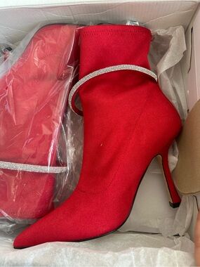 Nine West| Red Women's Sock Boot with Rhinestone Strap